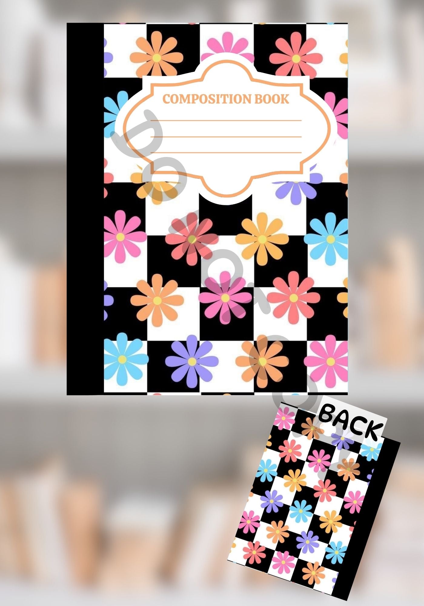 Composition notebook with black and white checkerboard pattern and colorful retro flowers in pink, orange, blue, and purple, shown with matching front and back covers.