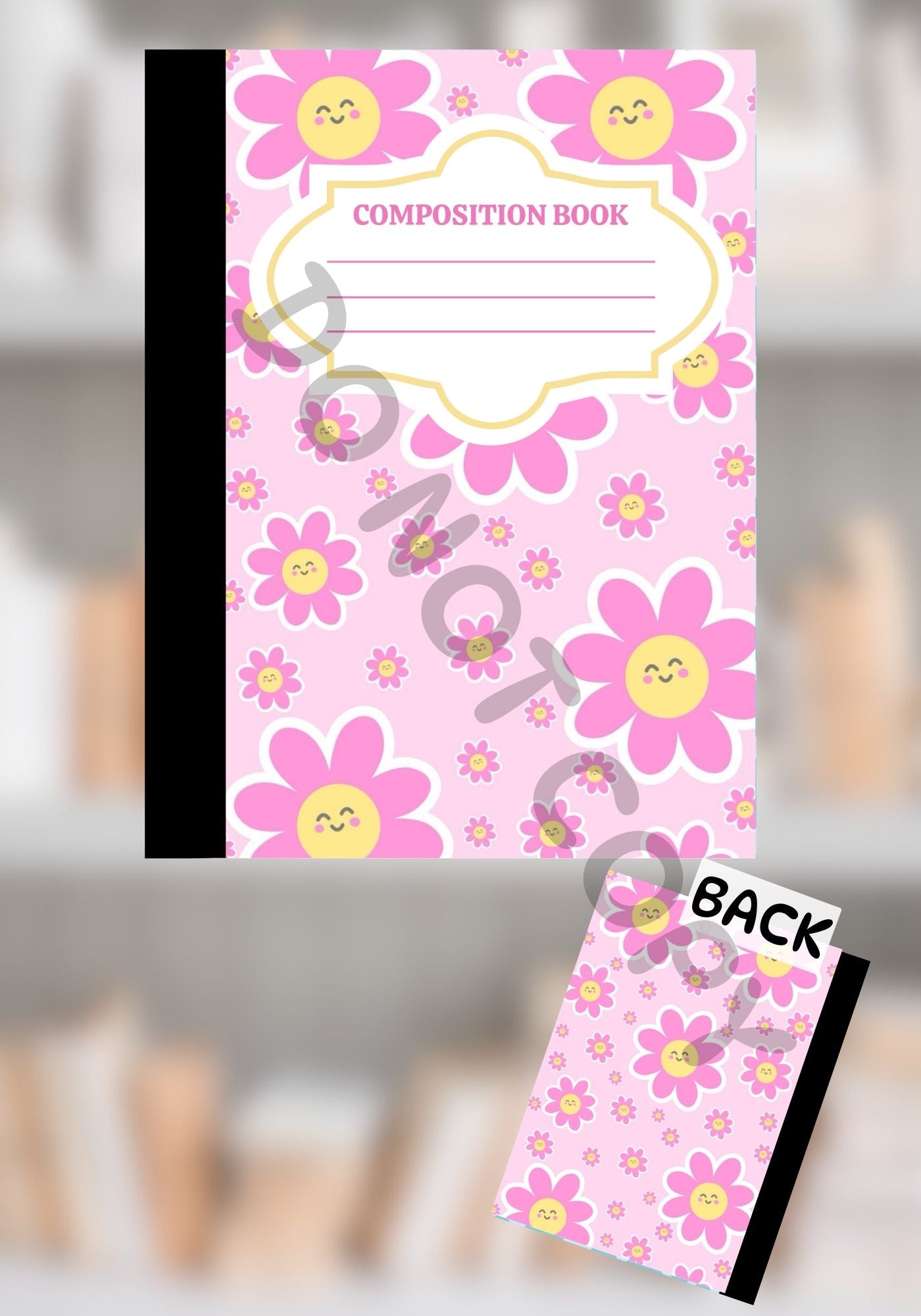 Pink composition notebook with smiling daisy flowers in yellow and pink on a soft pastel background, with matching front and back covers.