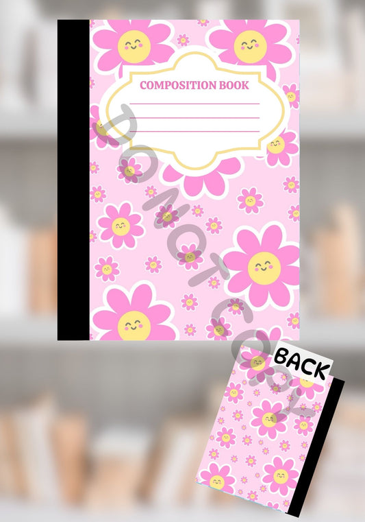 Pink composition notebook with smiling daisy flowers in yellow and pink on a soft pastel background, with matching front and back covers.