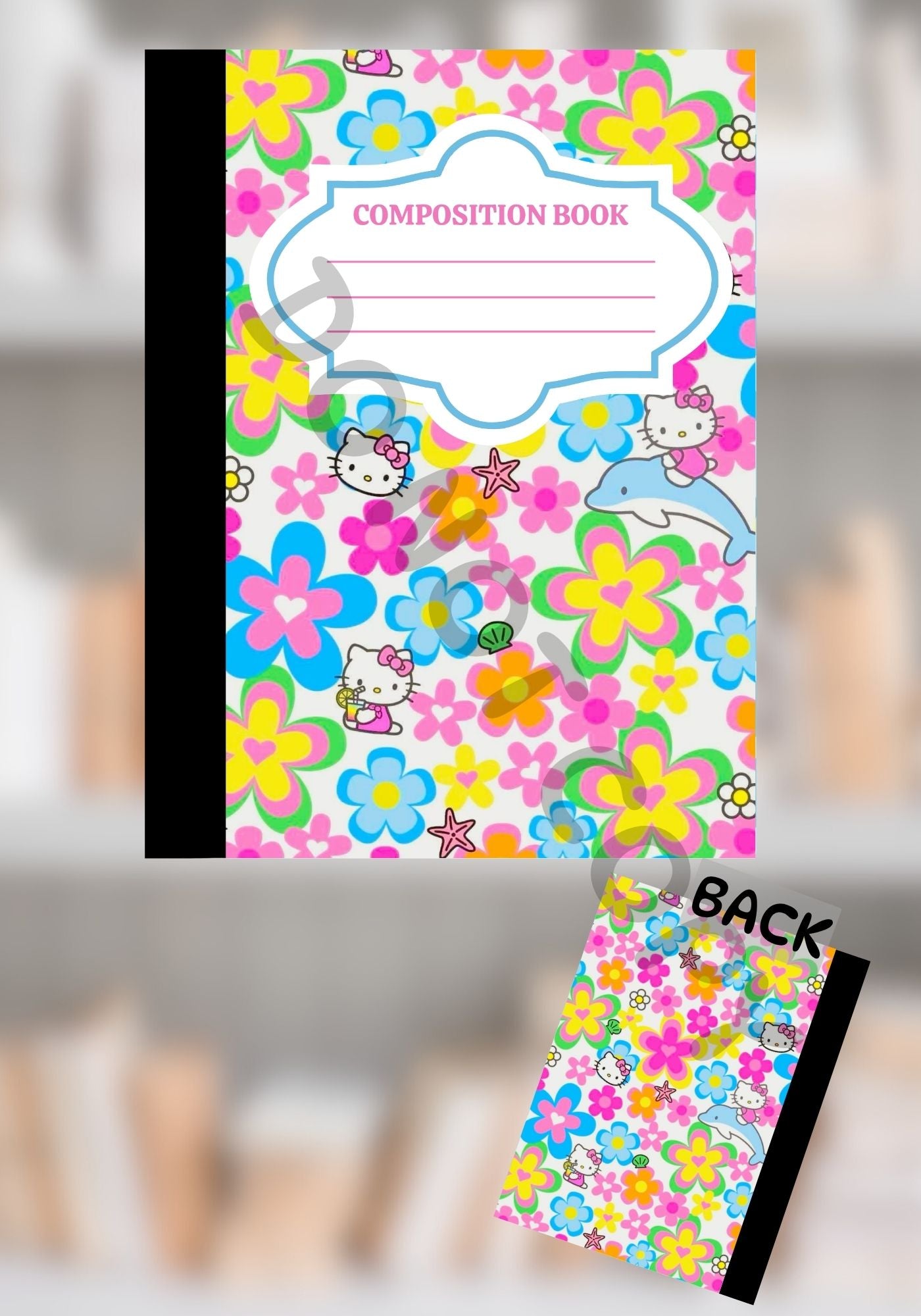 Bright floral composition notebook featuring colorful neon flowers, Hello Kitty-style characters, dolphins, and sea-themed elements on a white background with matching front and back covers.