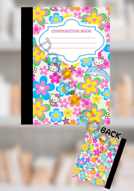 Bright floral composition notebook featuring colorful neon flowers, Hello Kitty-style characters, dolphins, and sea-themed elements on a white background with matching front and back covers.