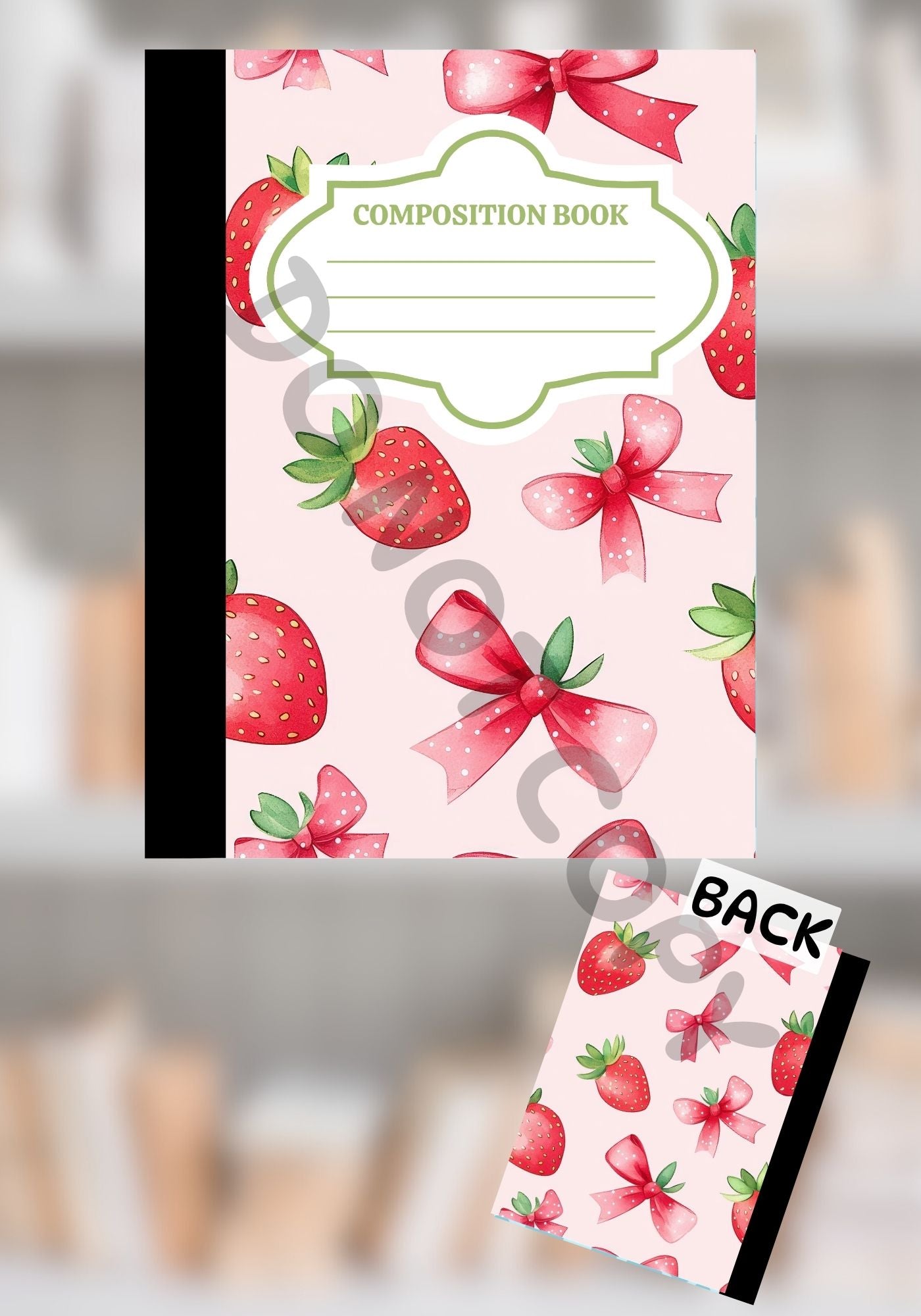 
Custom pink composition notebook featuring watercolor strawberries and pink bows on a soft blush background, with matching front and back covers.
