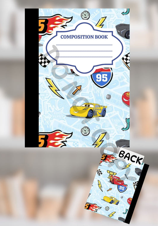 Light blue custom Cars-themed composition notebook featuring racing cars, lightning bolts, speed symbols, and Route 95 signs with matching front and back cover designs.
