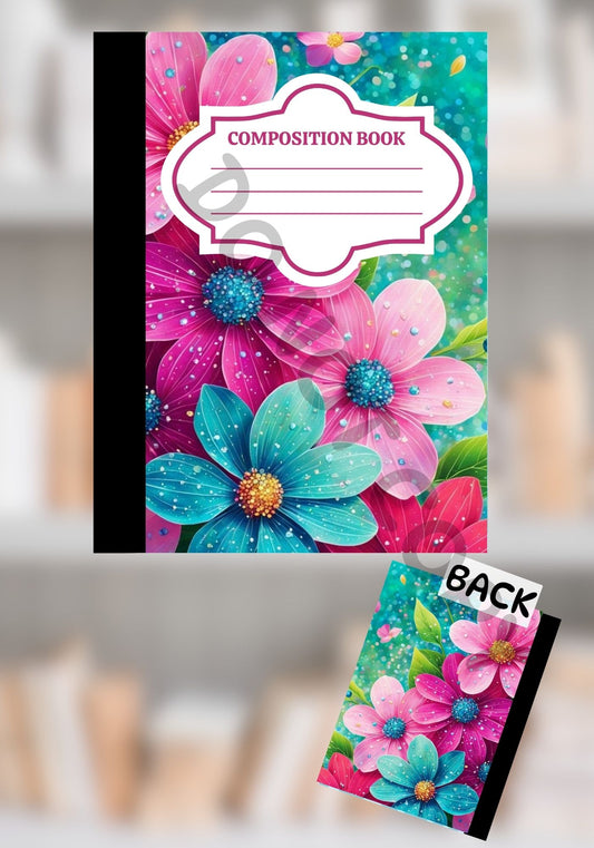 Bright floral composition notebook with large pink, teal, and purple flowers on a sparkling colorful background, featuring matching front and back covers.