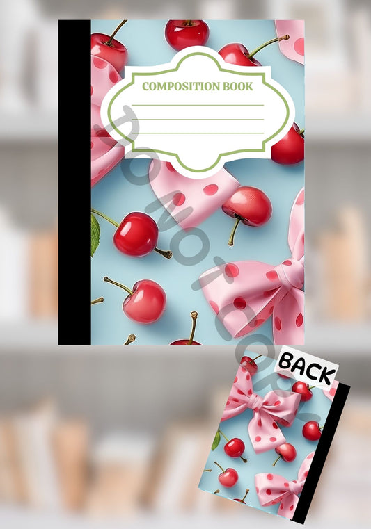 Custom composition notebook featuring red cherries and pink polka dot bows on a soft blue background, with full-color front and back covers.